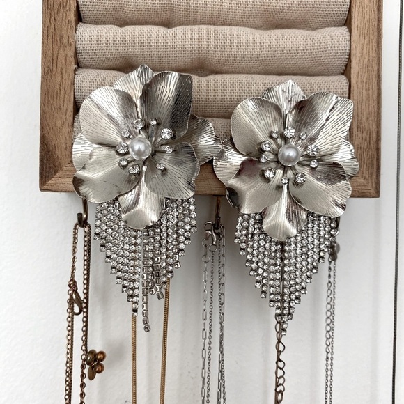 Bold Silver Tone Metal Floral Statement Earrings with Rhinestones - Picture 3 of 3